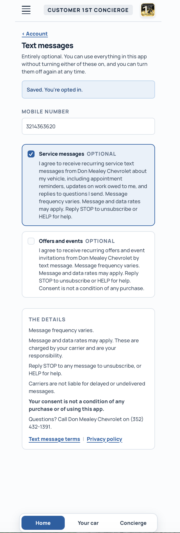 The consent screen with the service messages box checked