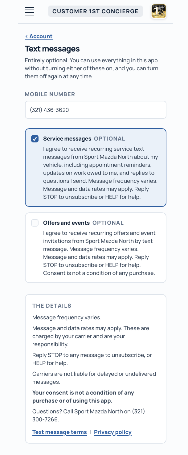 The consent screen with the service messages box checked