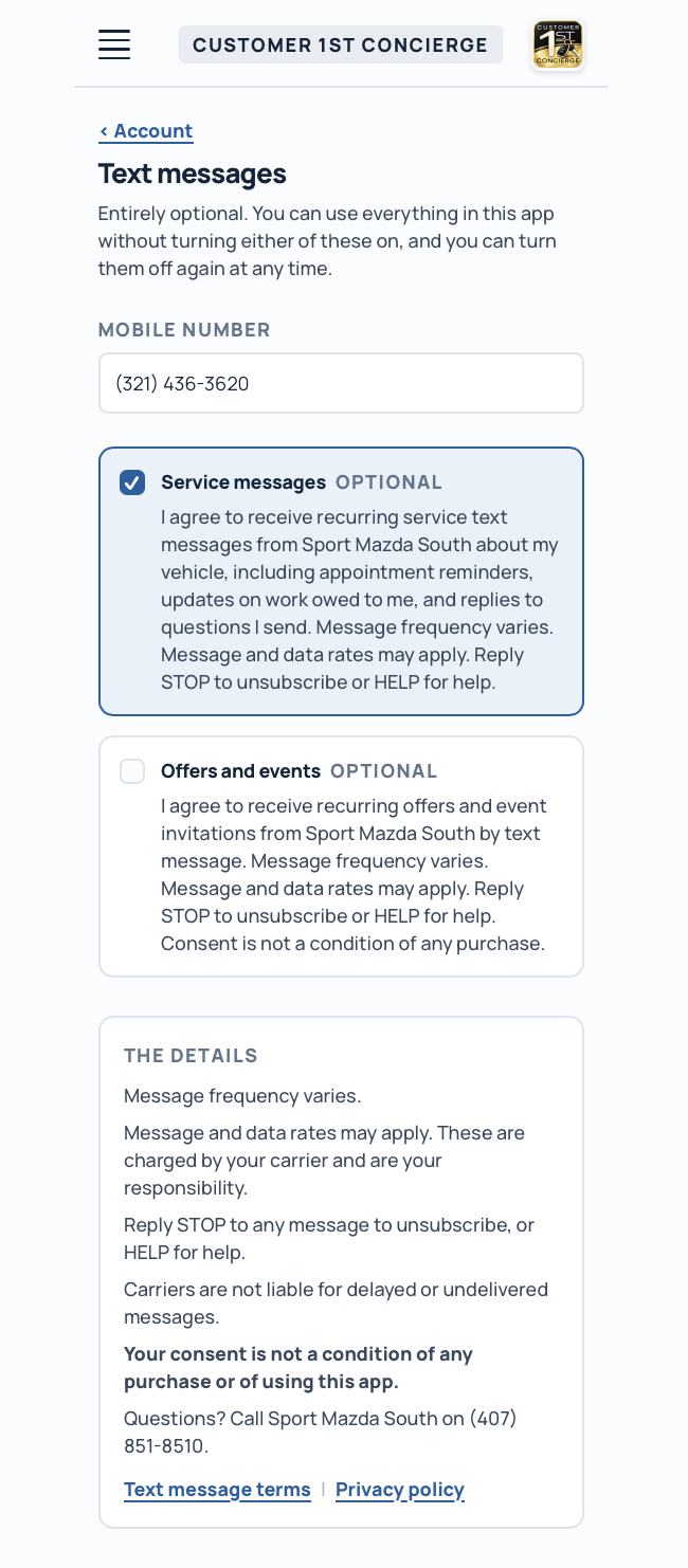 The consent screen with the service messages box checked